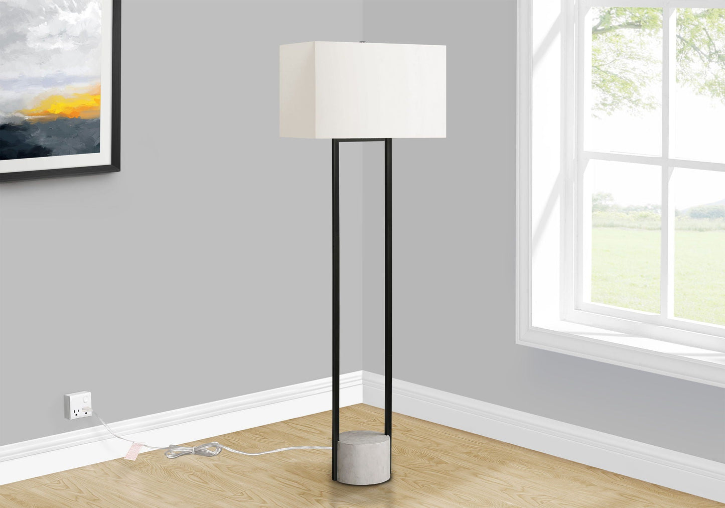 Floor lamp HouseOfZazla, modern black metal with beige rectangular shade and concrete base on Tampa Home & Garden Store