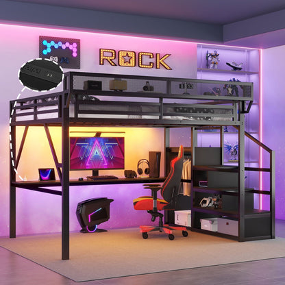 Loft bed with desk and charging station in dark metal by HouseOfZazla with stairs on Tampa Home & Garden Store
