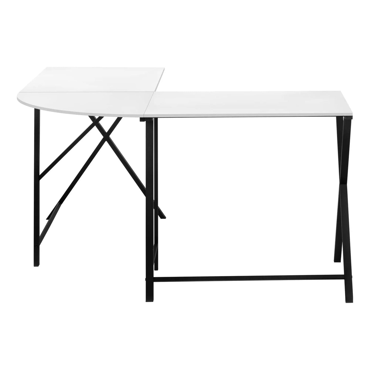 Corner L-shaped desk with curved front white laminate top, black metal legs and X-frame supports on Tampa Home & Garden Store