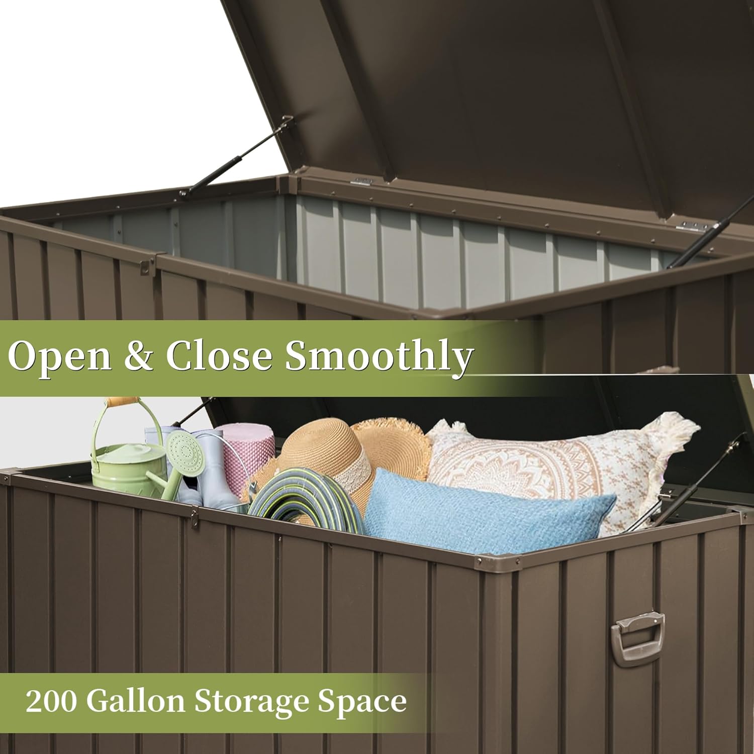 200 Gallon Outdoor Storage Deck Box dark brown, lid open with garden items inside HouseOfZazla on Tampa Home & Garden Store