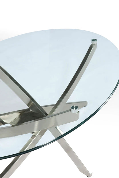 Zila end table round glass top with brushed stainless steel X-frame base Unique Piece Furniture on Tampa Home & Garden Store