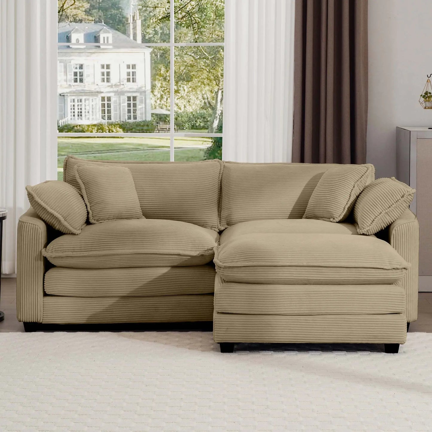 Beige modular cushion sofa with ottoman, low back and deep seating for a cozy living room on Tampa Home & Garden Store