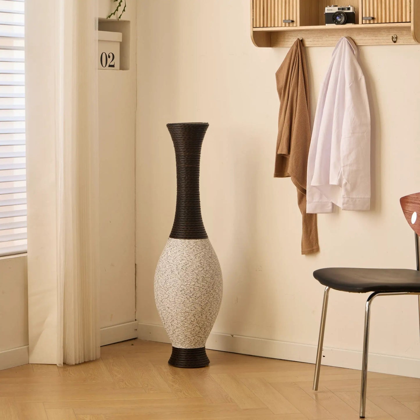 Tall two-tone designer floor vase with dark brown top and light beige woven body on Tampa Home & Garden Store