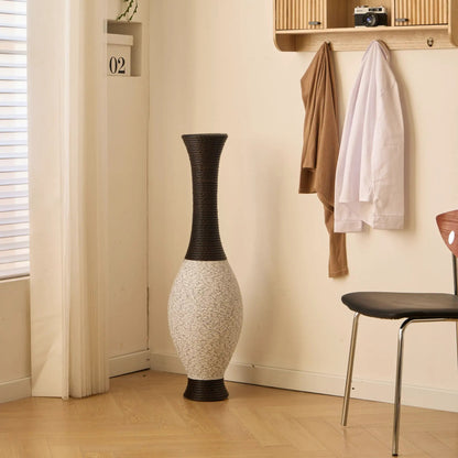 Tall two-tone designer floor vase with dark brown top and light beige woven body on Tampa Home & Garden Store