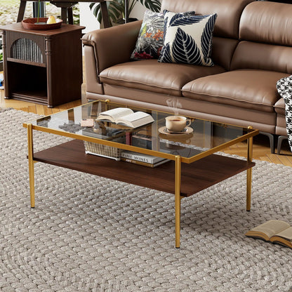 Rectangular tempered-glass coffee table with gold frame and dark wood shelf on Tampa Home & Garden Store