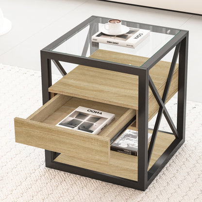 Set of 2 modern end tables with glass tops, black metal frame, and wood lower shelves on Tampa Home & Garden Store