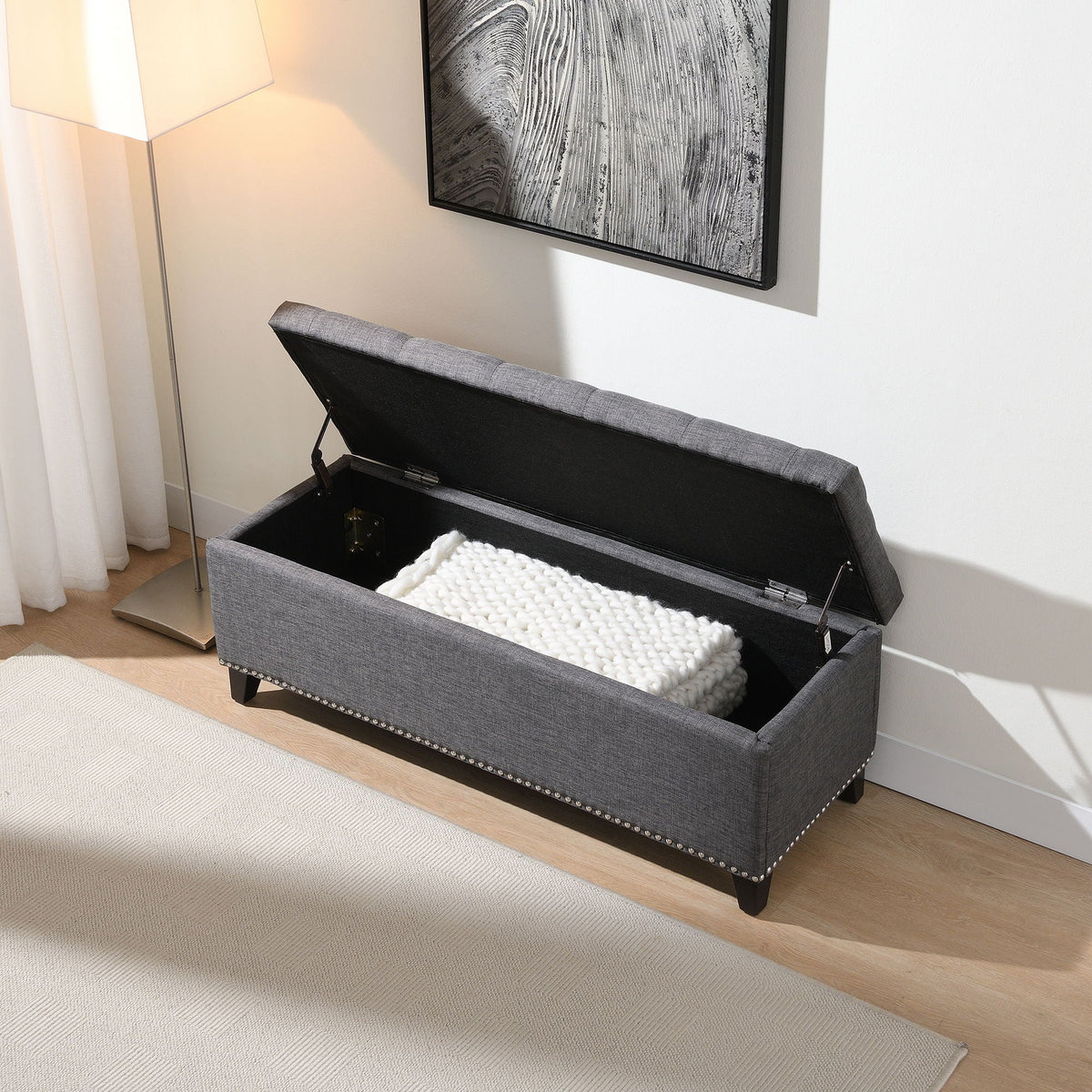 HouseOfZazla dark gray Button-Tufted Storage Ottoman with safety hinge, stores knit blanket on Tampa Home & Garden Store