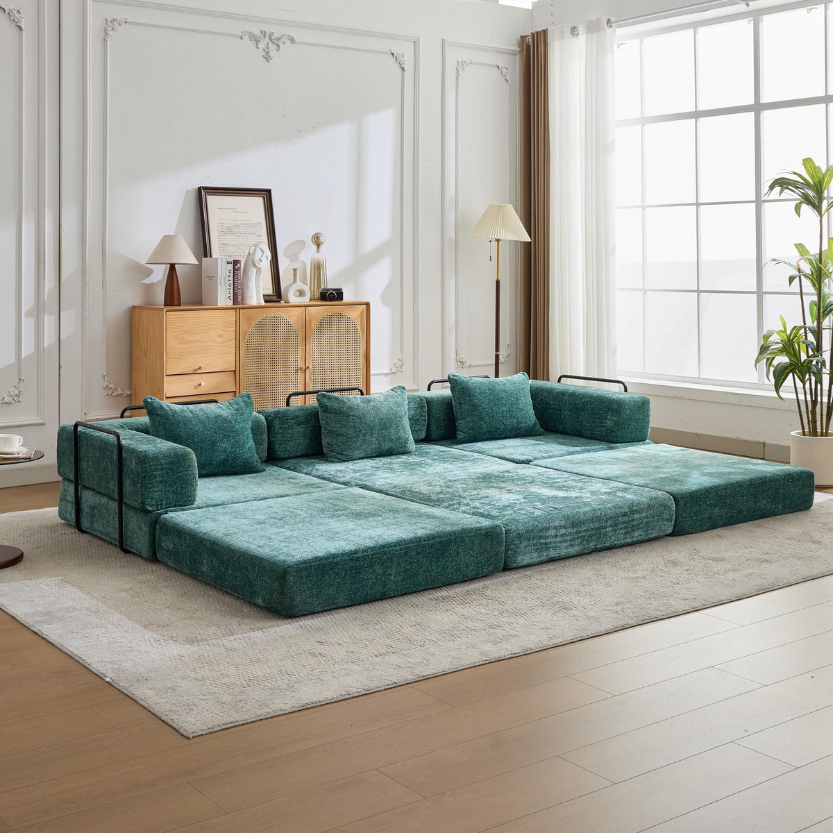 Convertible Floor Sofa Bed futon modular sectional in teal fabric with black metal frame on Tampa Home & Garden Store