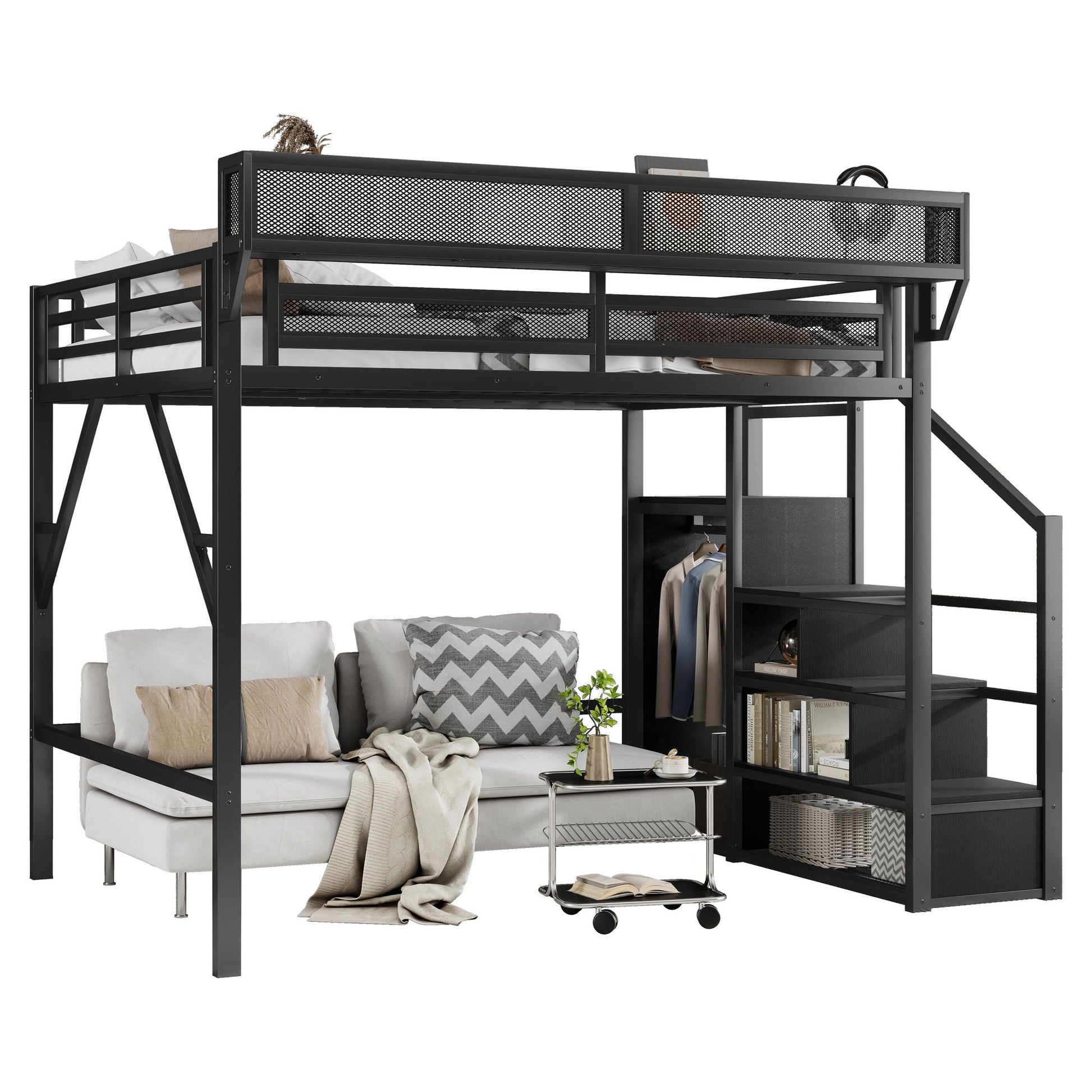 Queen Size Loft Bed with stairs, storage shelves, wardrobe in black metal frame HouseOfZazla on Tampa Home & Garden Store