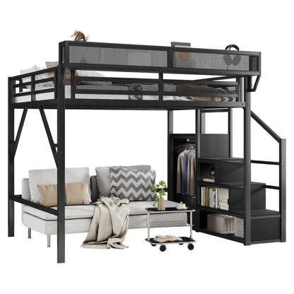 Queen Size Loft Bed with stairs, storage shelves, wardrobe in black metal frame HouseOfZazla on Tampa Home & Garden Store