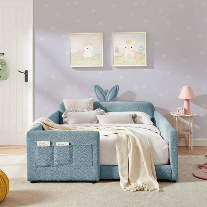 Cute Rabbit Ear Upholstered Platform Bed Frame with Safety Rail in blue on Tampa Home & Garden Store