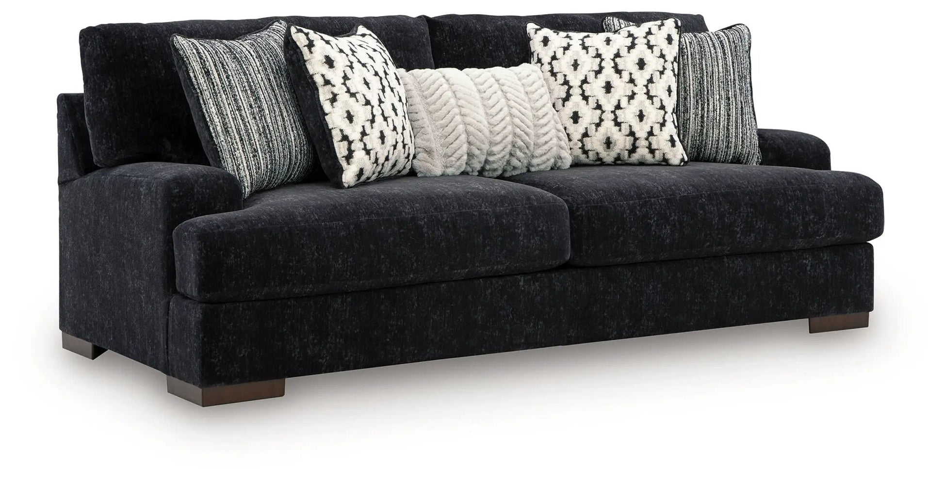 Whitmore Manor sofa in Black Pearl, charcoal velvet stationary sofa with striped pillows on Tampa Home & Garden Store