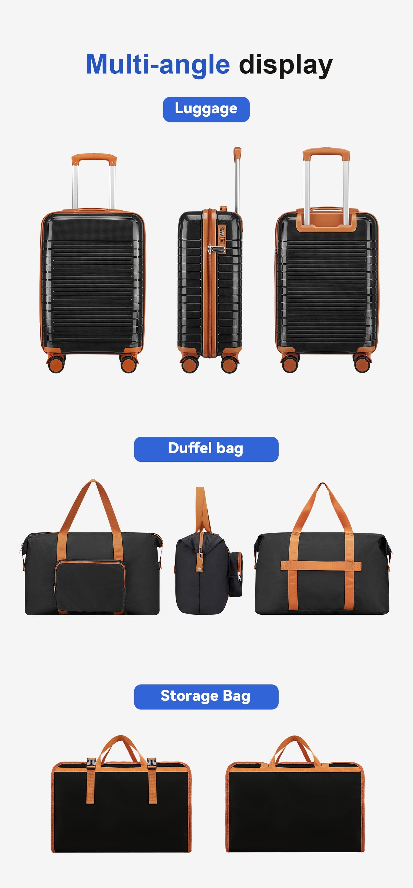 HouseOfZazla 5-Piece Hardside Luggage Set: black cases with orange trim, 3 upright cases on Tampa Home & Garden Store