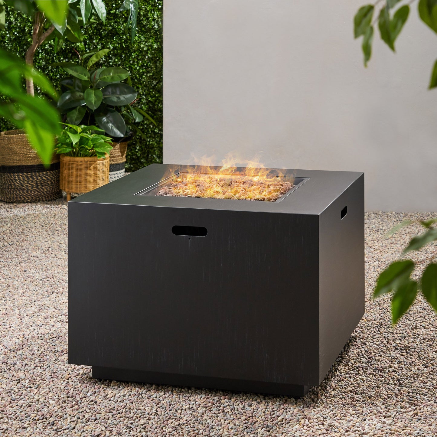 Outdoor propane fire pit square iron with black finish, 24x31 in wide, flames over lava rock on Tampa Home & Garden Store