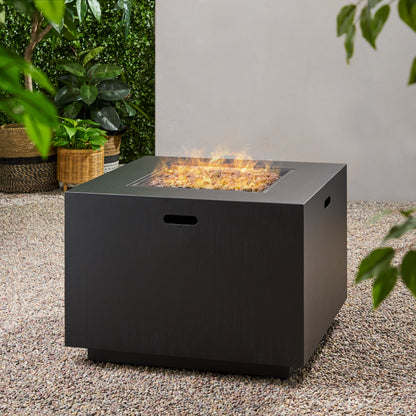 Outdoor propane fire pit square iron with black finish, 24x31 in wide, flames over lava rock on Tampa Home & Garden Store