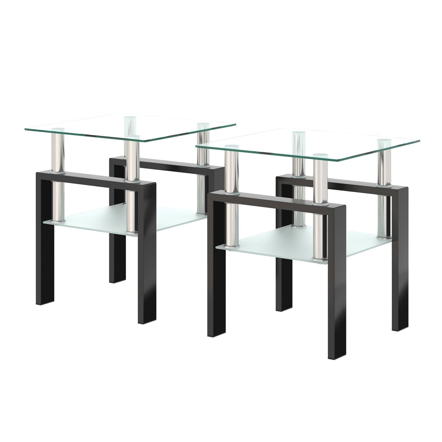 Set of three modern tempered glass end tables with square black frames and chrome posts on Tampa Home & Garden Store