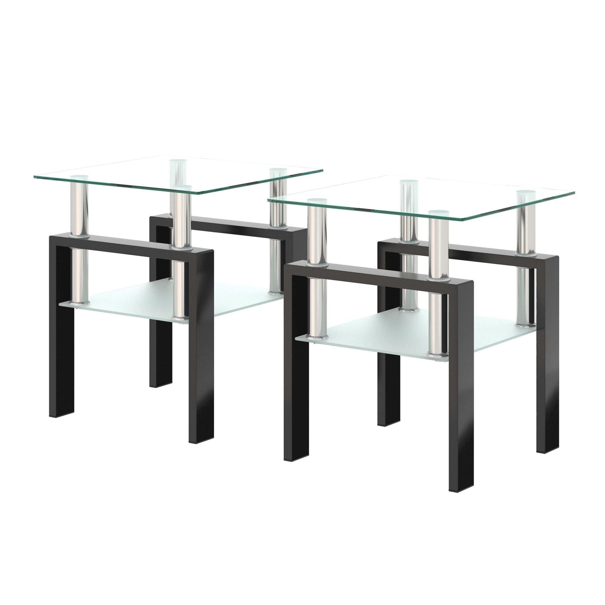 Set of three modern tempered glass end tables with square black frames and chrome posts on Tampa Home & Garden Store