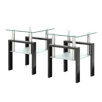Set of three modern tempered glass end tables with square black frames and chrome posts on Tampa Home & Garden Store