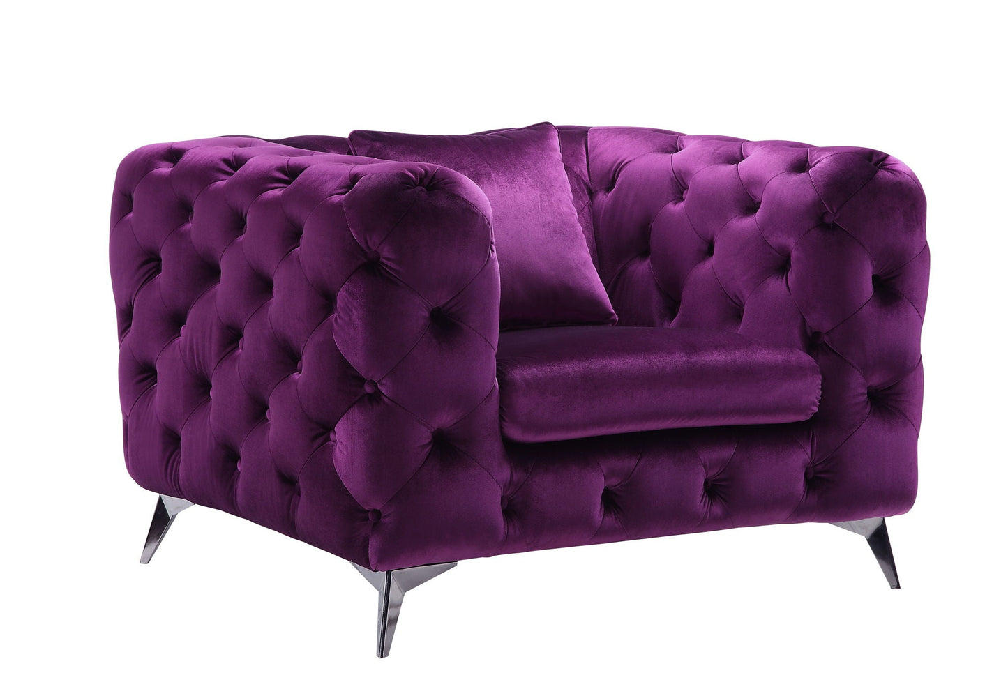 Atronia Arm Chair purple velvet tufted upholstery with metal legs on Tampa Home & Garden Store