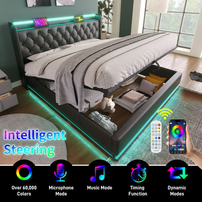 Upholstered storage bed 360 LED lighting remote USB-C charging hydraulic lift without mattress on Tampa Home & Garden Store