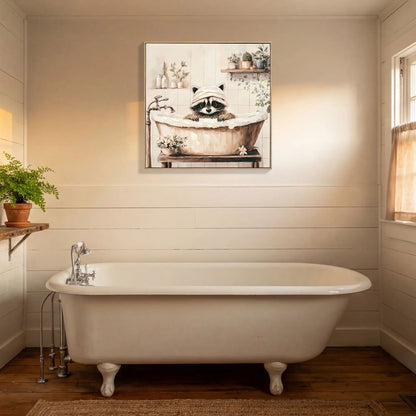 Raccoon Bathroom Canvas Wall Art Ivory Framed