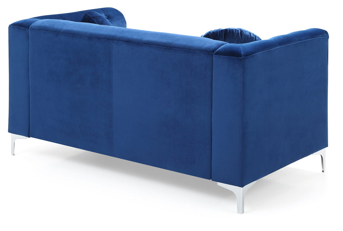 Stylish Sloped Arm Loveseat with MicroSuede Cover in blue by HouseOfZazla, stationary loveseat with silver metal legs on Tampa Home & Garden Store