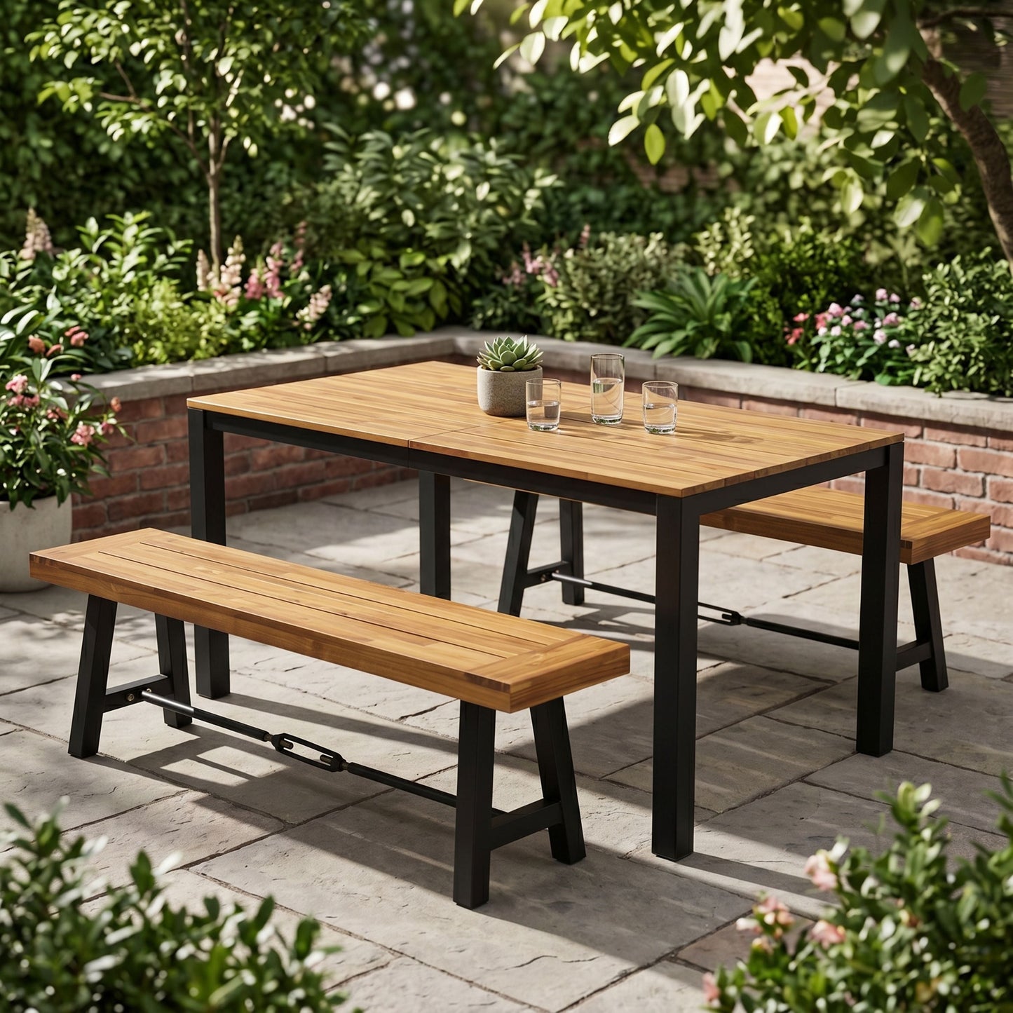 Outdoor Acacia Wood Dining Table and Two Benches