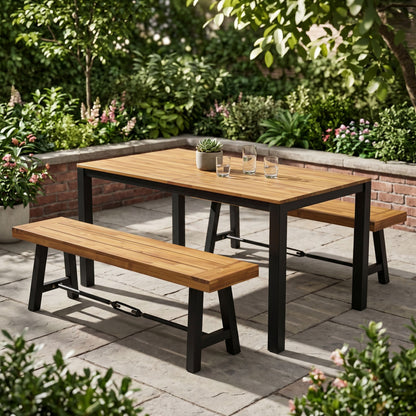 Outdoor Acacia Wood Dining Table and Two Benches