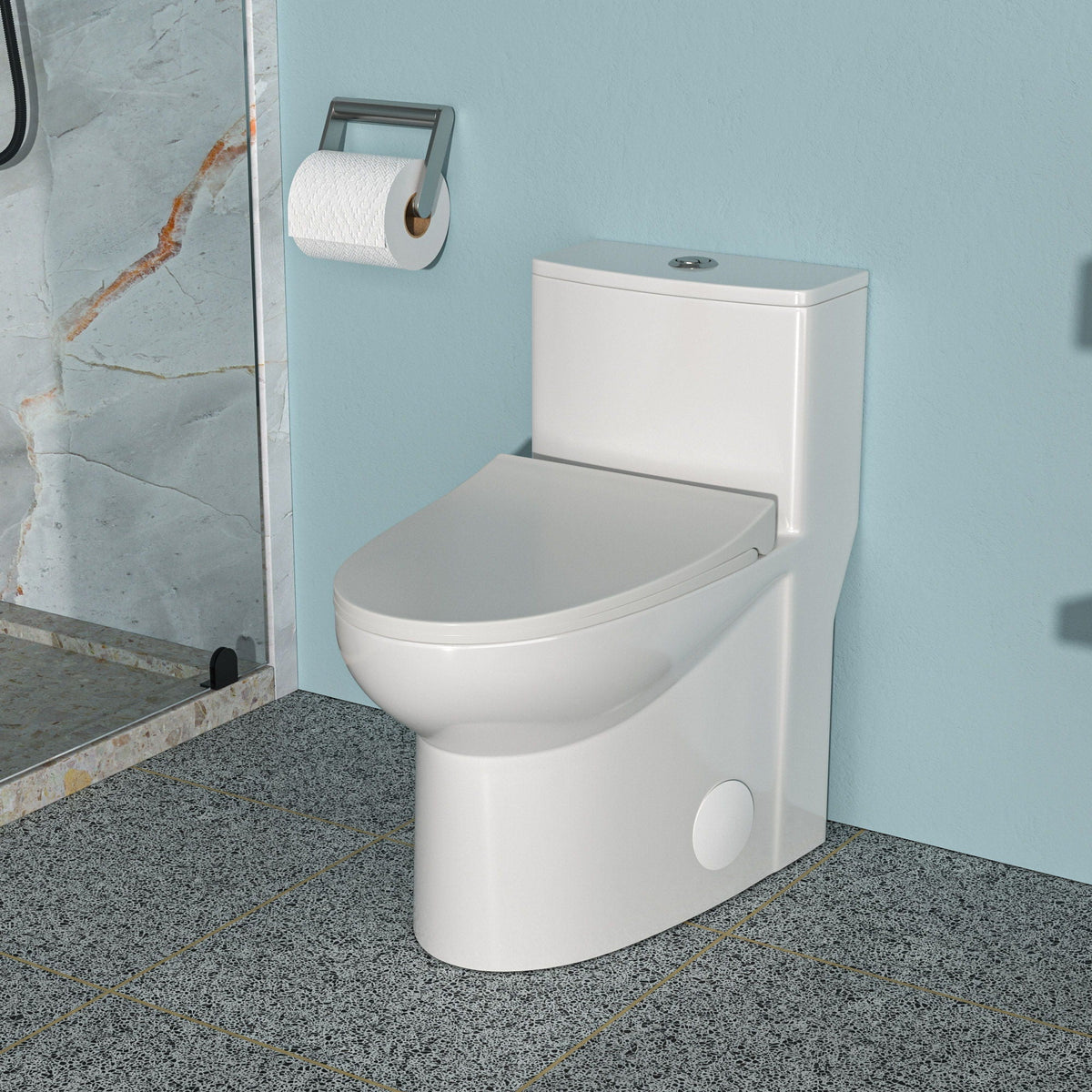 Modern 1-piece toilet with dual flush and soft-closing seat white on Tampa Home & Garden Store