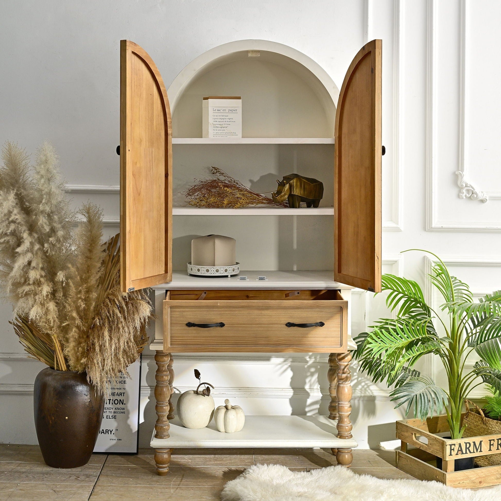 HouseOfZazla arched flower carved door sideboard cabinet with 1 drawer and shelf natural white on Tampa Home & Garden Store