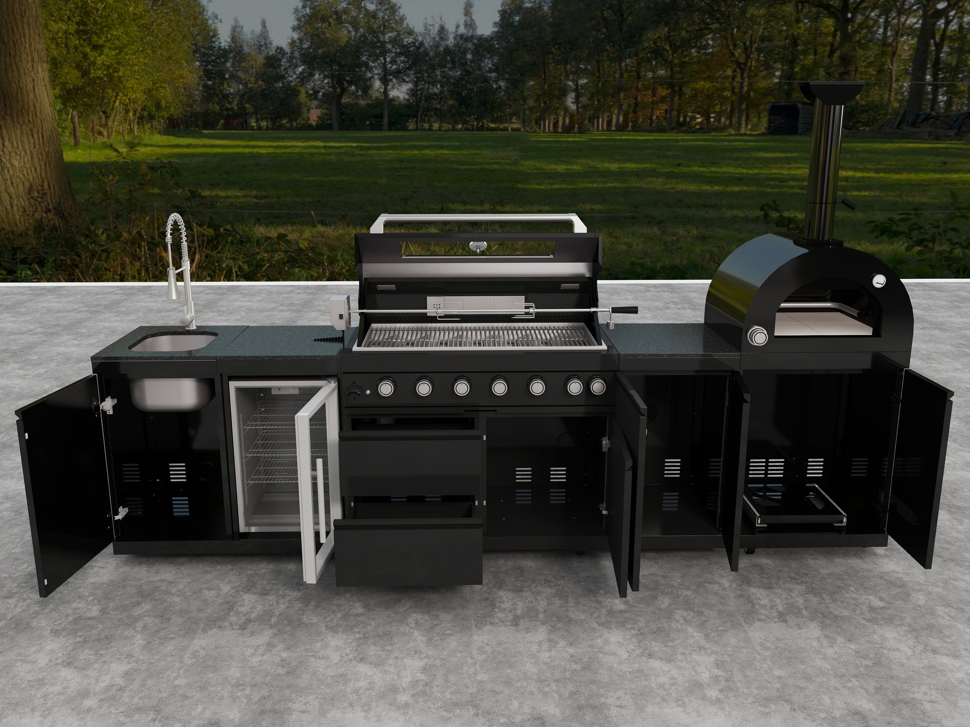 Premium 128-Inch stainless steel gas outdoor kitchen grill by HouseOfZazla with multiple knobs on Tampa Home & Garden Store