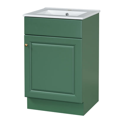 Green bathroom vanity with white sink, brass knob, framed door, adjustable shelf option on Tampa Home & Garden Store