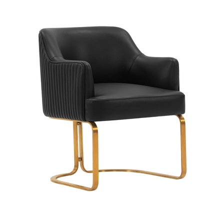 Modern dining chair in black leather with ribbed side panels and gold cantilever legs on Tampa Home & Garden Store