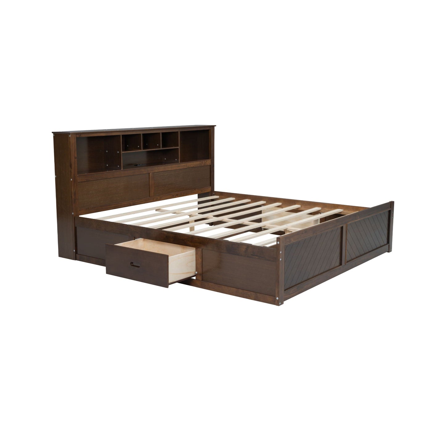 HouseOfZazla platform bed with multi-storage headboard in dark wood, cubbies and drawers on Tampa Home & Garden Store