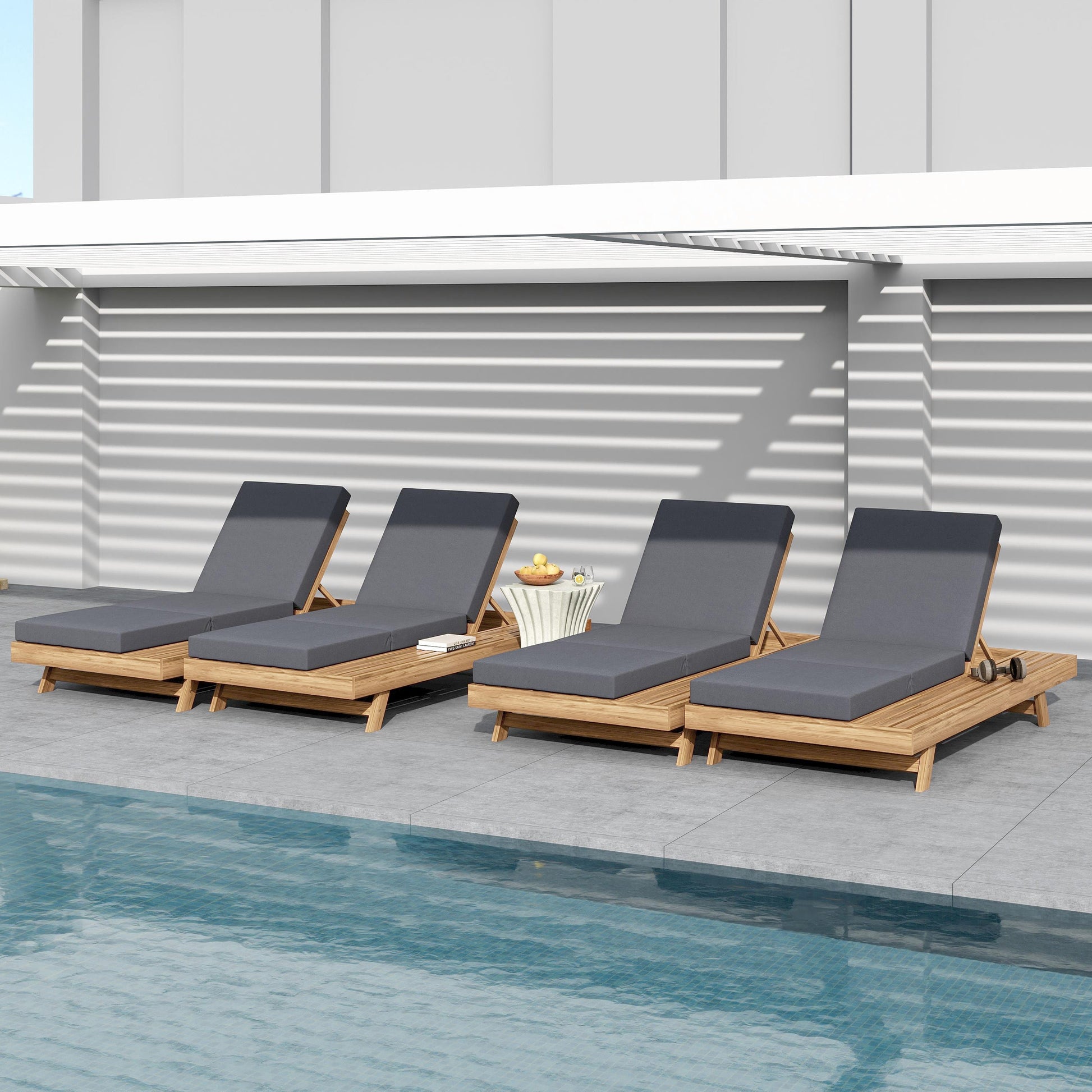 HouseOfZazla outdoor chaise lounge set with space on one side, five gray loungers by pool on Tampa Home & Garden Store