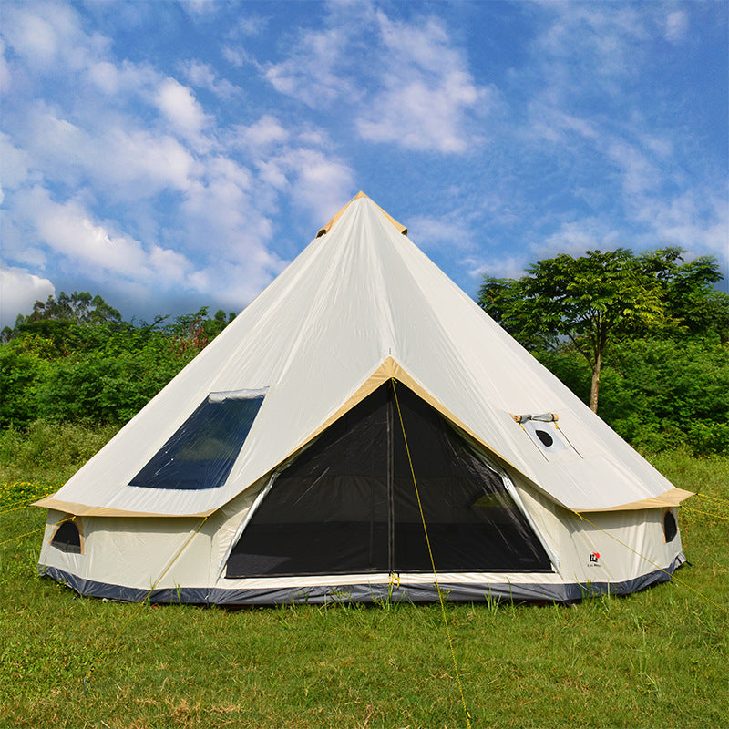 My Store pyramid yurt tent for outdoor camping, white canvas with entry, window and guy lines on grass on Tampa Home & Garden Store
