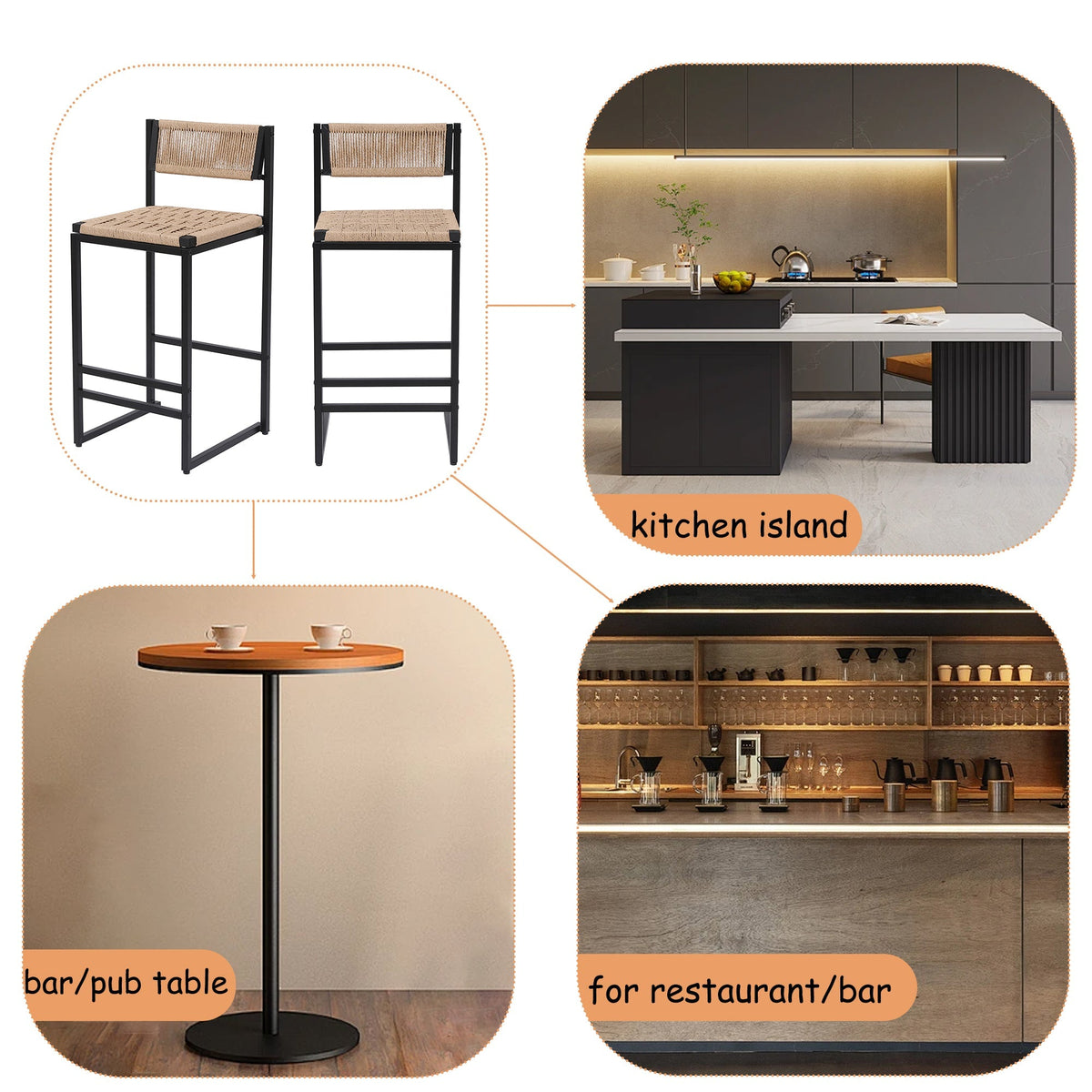 Bar stools set of 2 with paper rope weave seats, black metal frame and footrests on Tampa Home & Garden Store