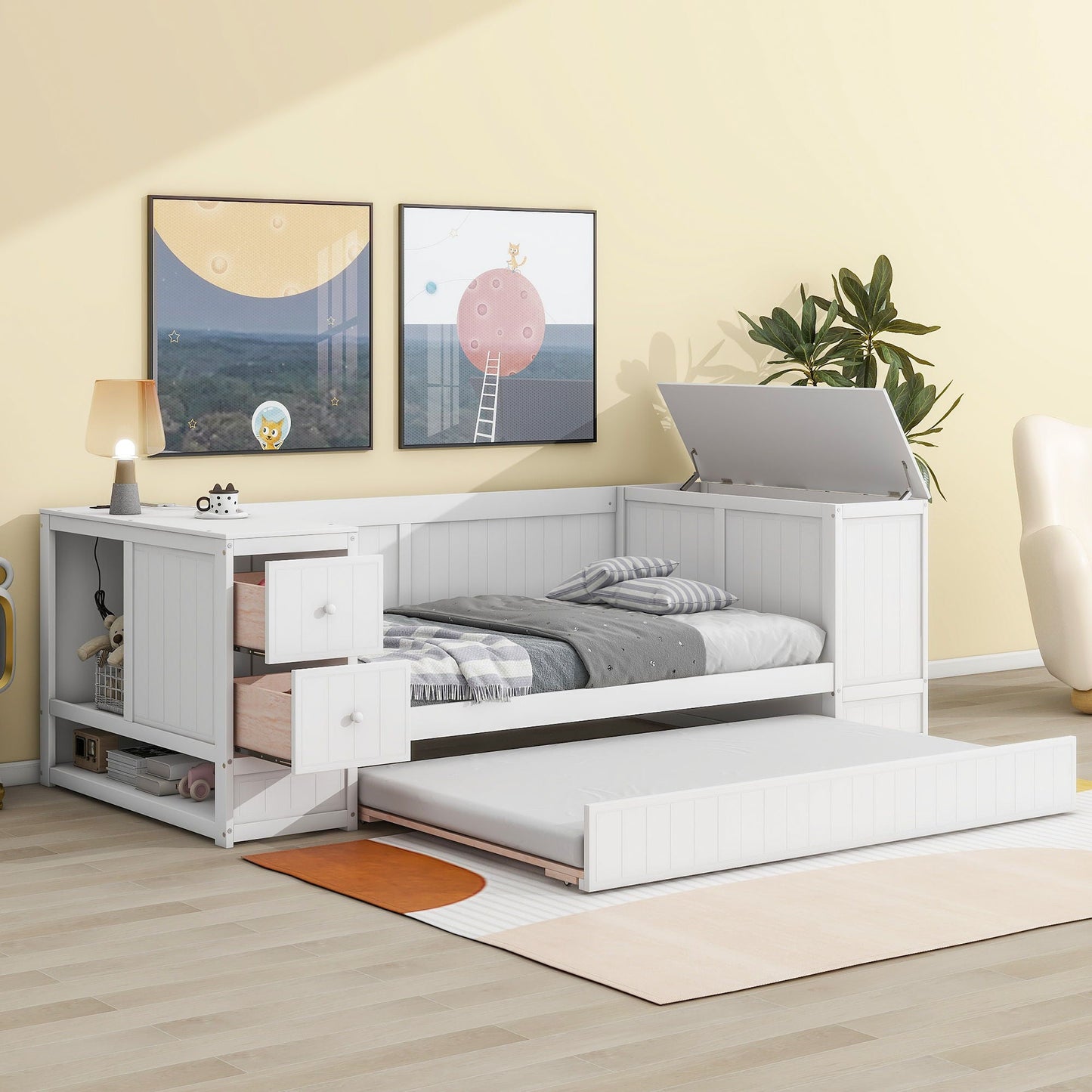 White daybed with storage arms, trundle, charging station by HouseOfZazla; built-in drawers on Tampa Home & Garden Store