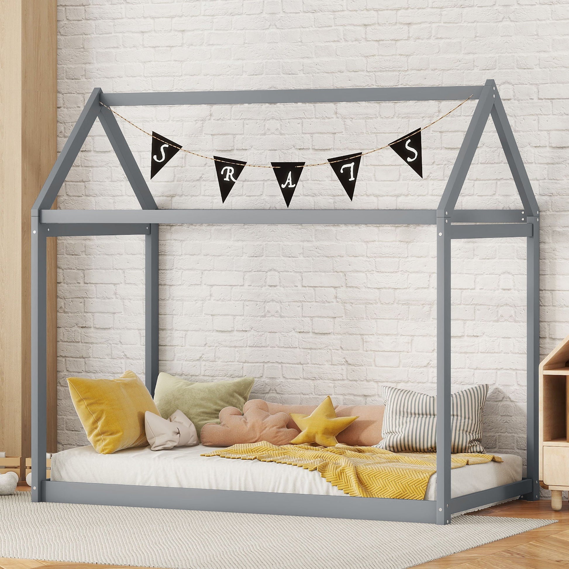Wooden House Shaped Bed frame in gray, HouseOfZazla platform bed on Tampa Home & Garden Store