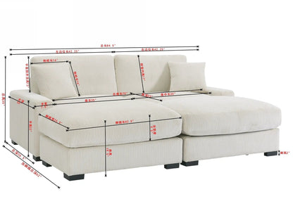 4 Seater oversized sectional sofa in cream corduroy with 2 ottomans and 2 pillows on Tampa Home & Garden Store
