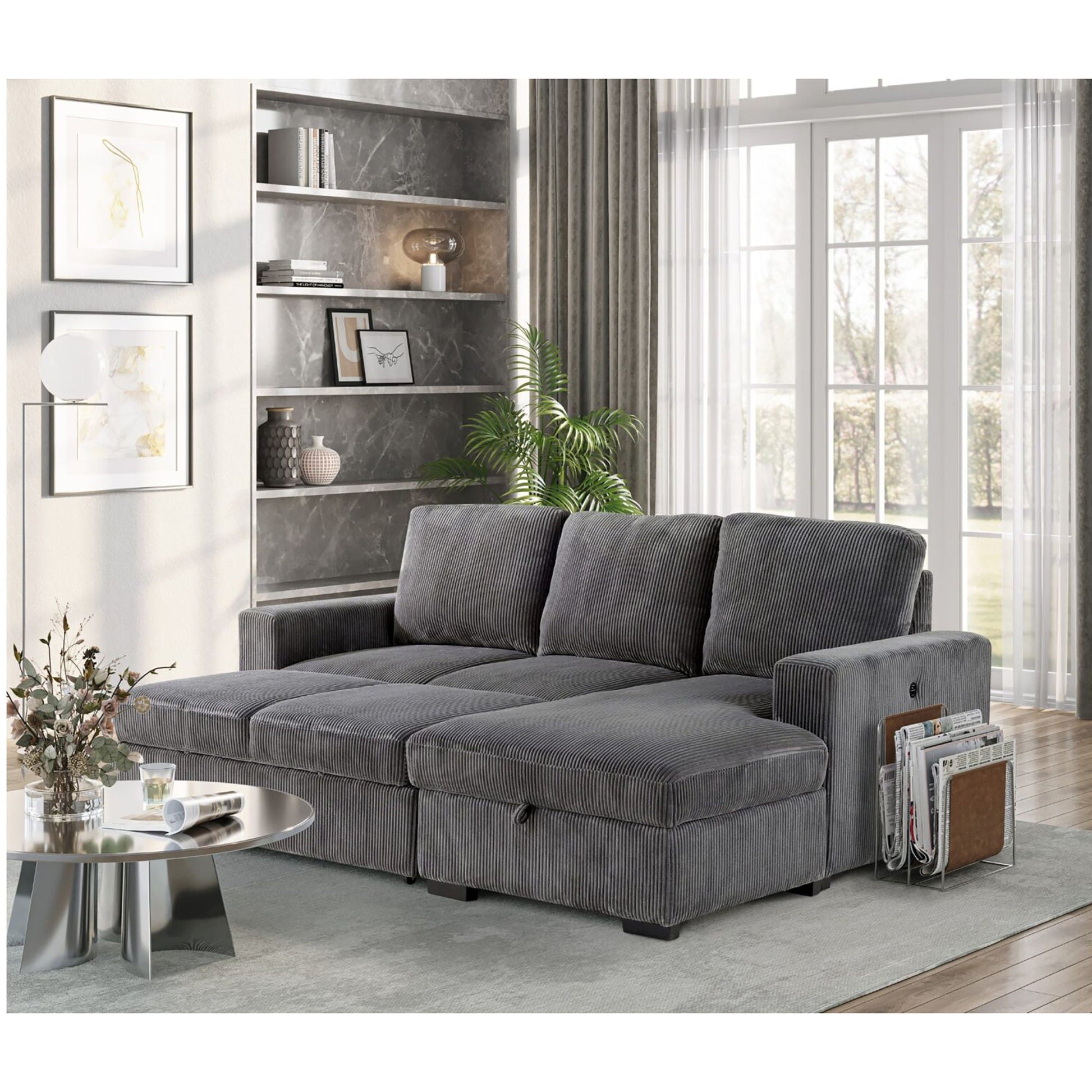 Melody gray striped fabric sleeper sectional with chaise by HouseOfZazla in living room on Tampa Home & Garden Store