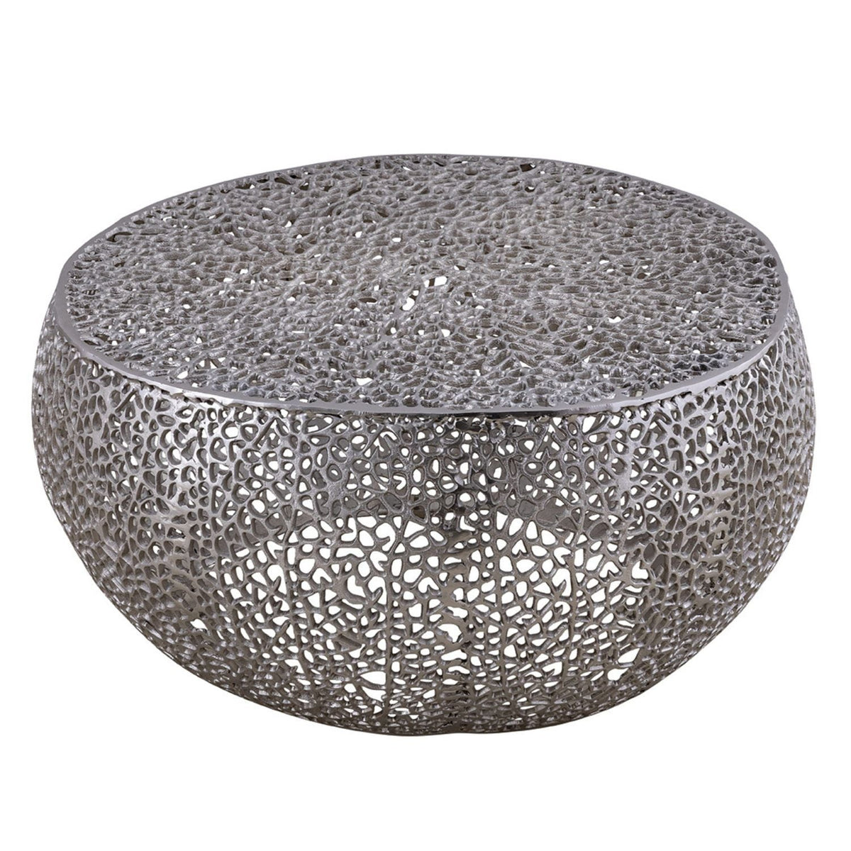 Round coffee table with aluminum lattice frame in metallic gray on Tampa Home & Garden Store
