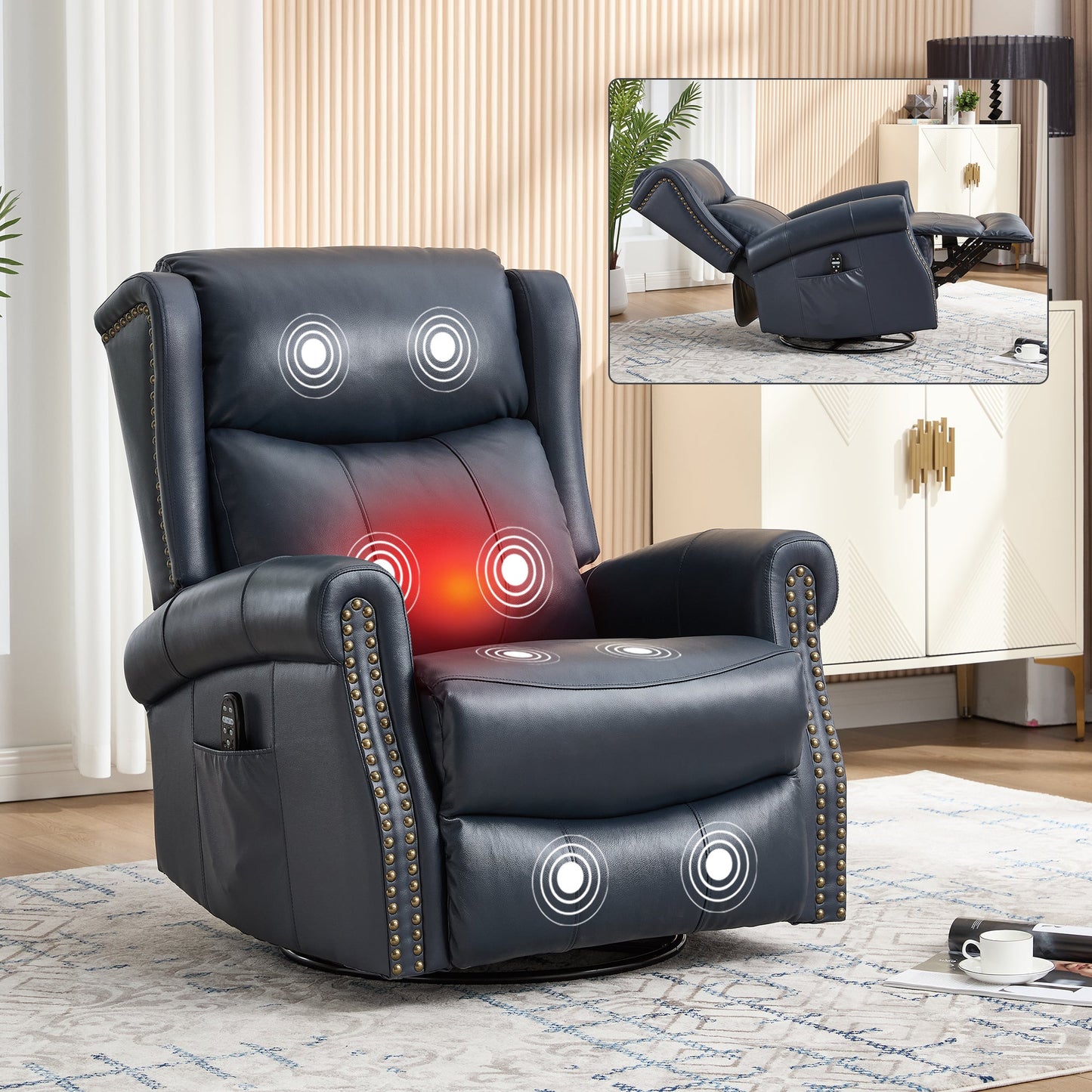 Heat Massage Manual Recliner Chair by HouseOfZazla in dark blue leather with brass nailhead trim on Tampa Home & Garden Store