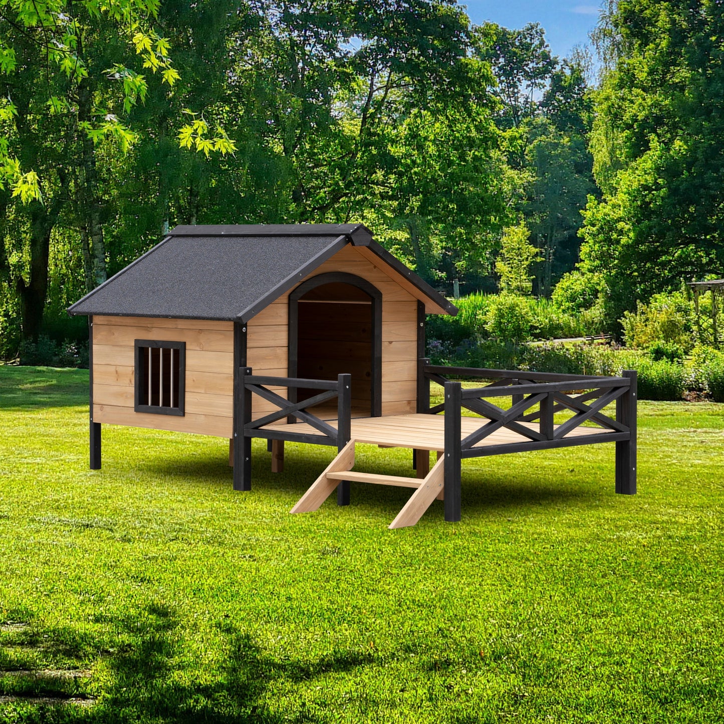 Dog kennel outdoor wooden cabin-style with porch and ramp on Tampa Home & Garden Store