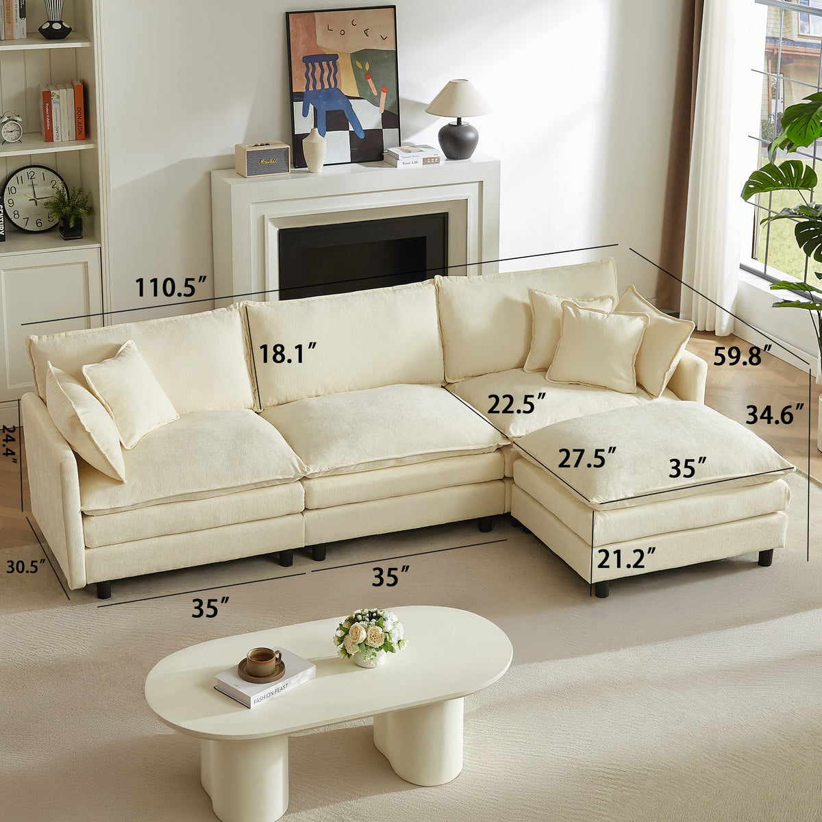 Modular Sectional Sofa, 110 Inch L-Shaped Couch Set for Living Room in cream fabric by HouseOfZazla on Tampa Home & Garden Store