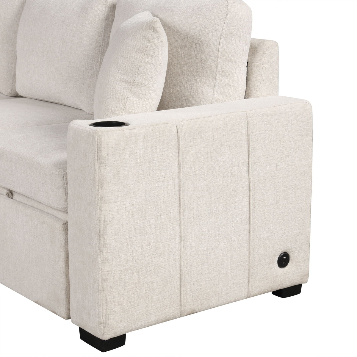Beige sleeper chair with cushioned back and built-in cup holder on the armrest on Tampa Home & Garden Store