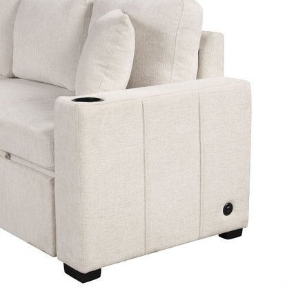 Beige sleeper chair with cushioned back and built-in cup holder on the armrest on Tampa Home & Garden Store