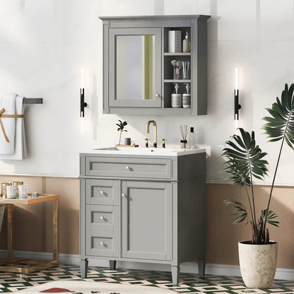 Bathroom vanity with medicine cabinet in gray, 2 soft-close doors and 4 drawers on Tampa Home & Garden Store