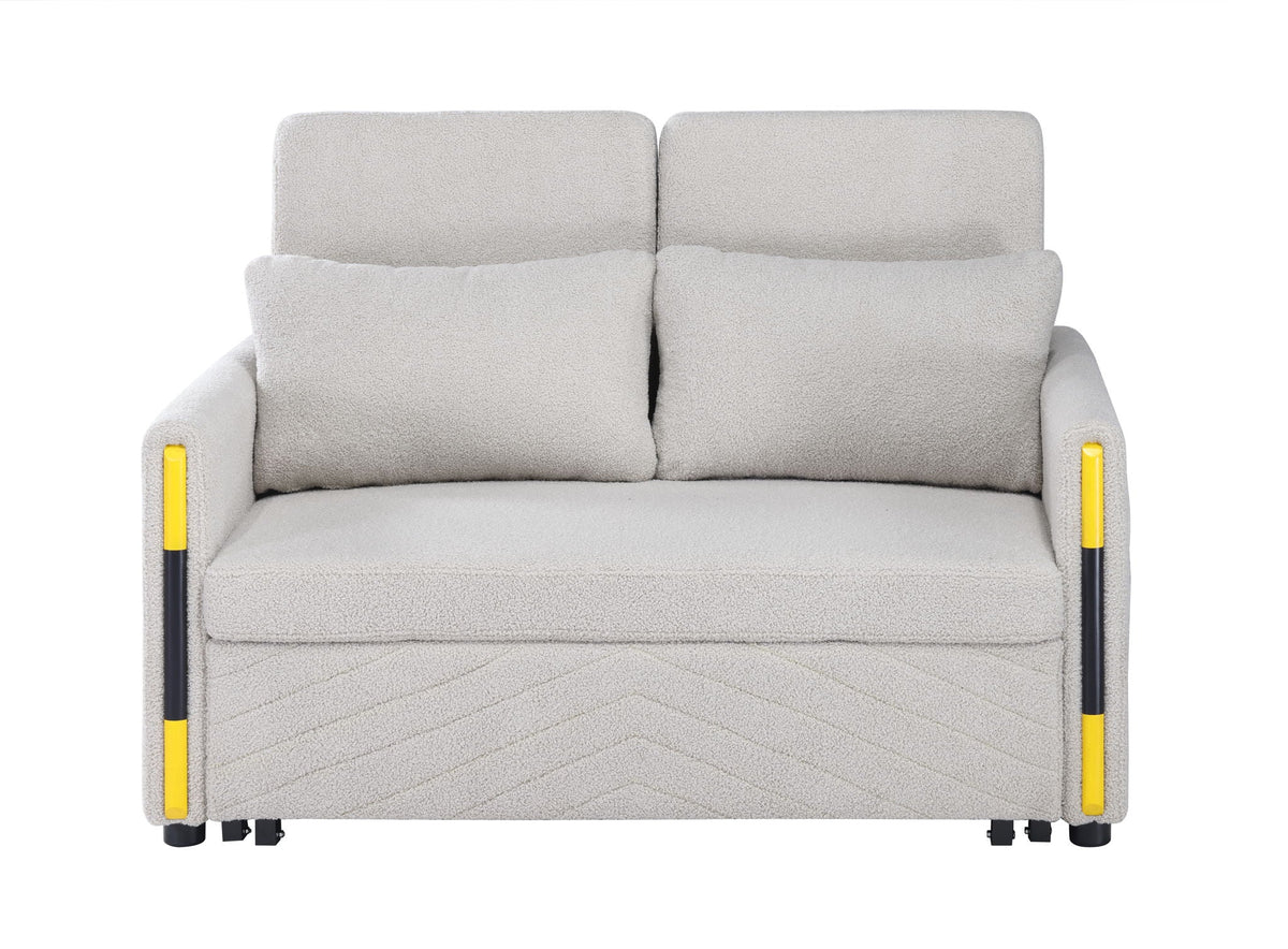 Beige teddy sleeper loveseat dual-pull sleeper with plush fabric and yellow arms on Tampa Home & Garden Store