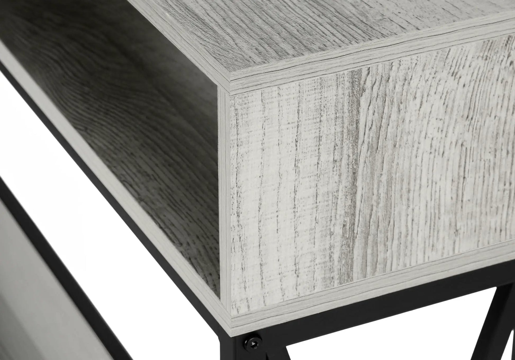 Accent console table for entryway in weathered gray woodgrain with black metal frame on Tampa Home & Garden Store